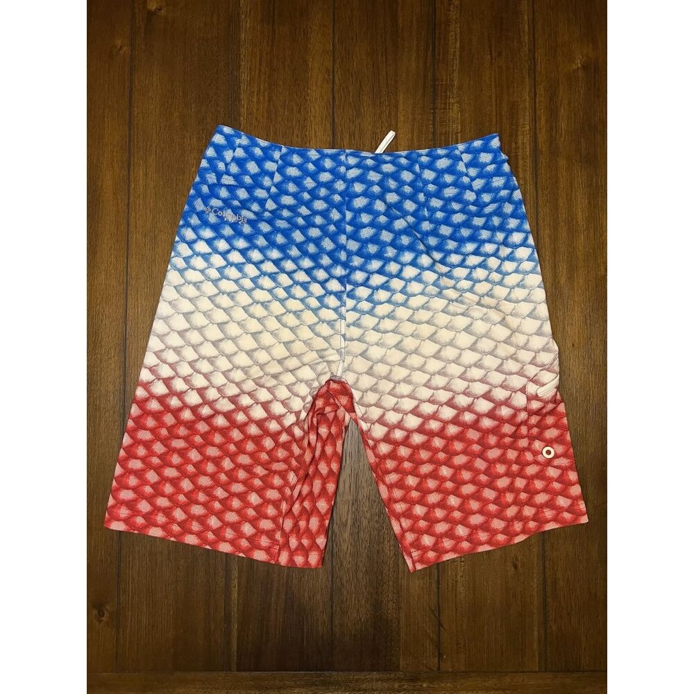 Columbia‎ PFG Board Shorts Mens 34 Red White Blue Fish Scale Omni-Shield Fishing